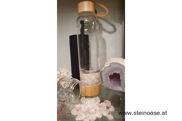 Glasflasche mit Rosenquarz + Bergkristall